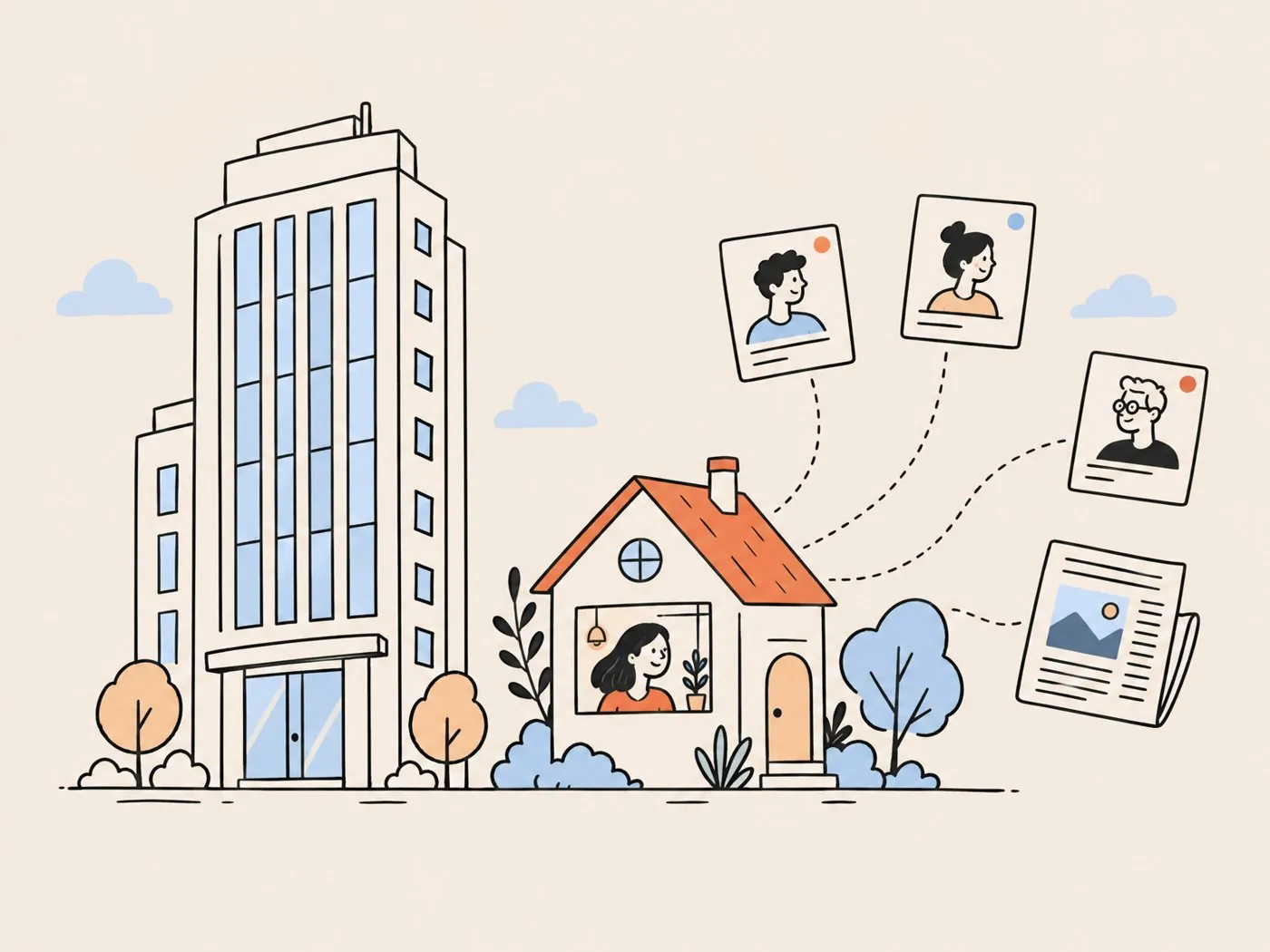 A company office tower beside a small house with a personal portrait in its window, linked to profile cards