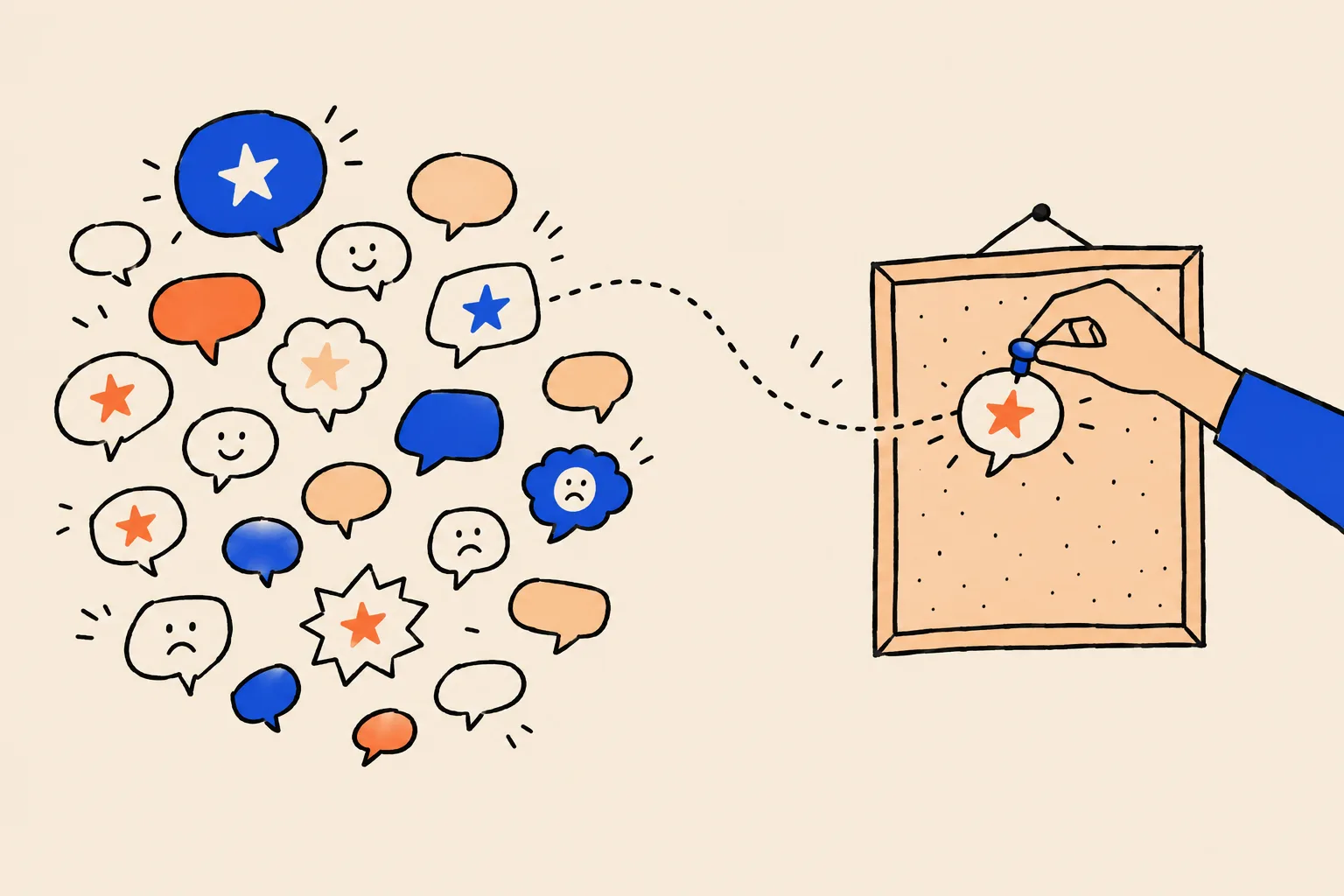 A cloud of speech bubbles with stars and faces on the left; a hand plucks one starred bubble out and pins it onto a framed notice board on the right.