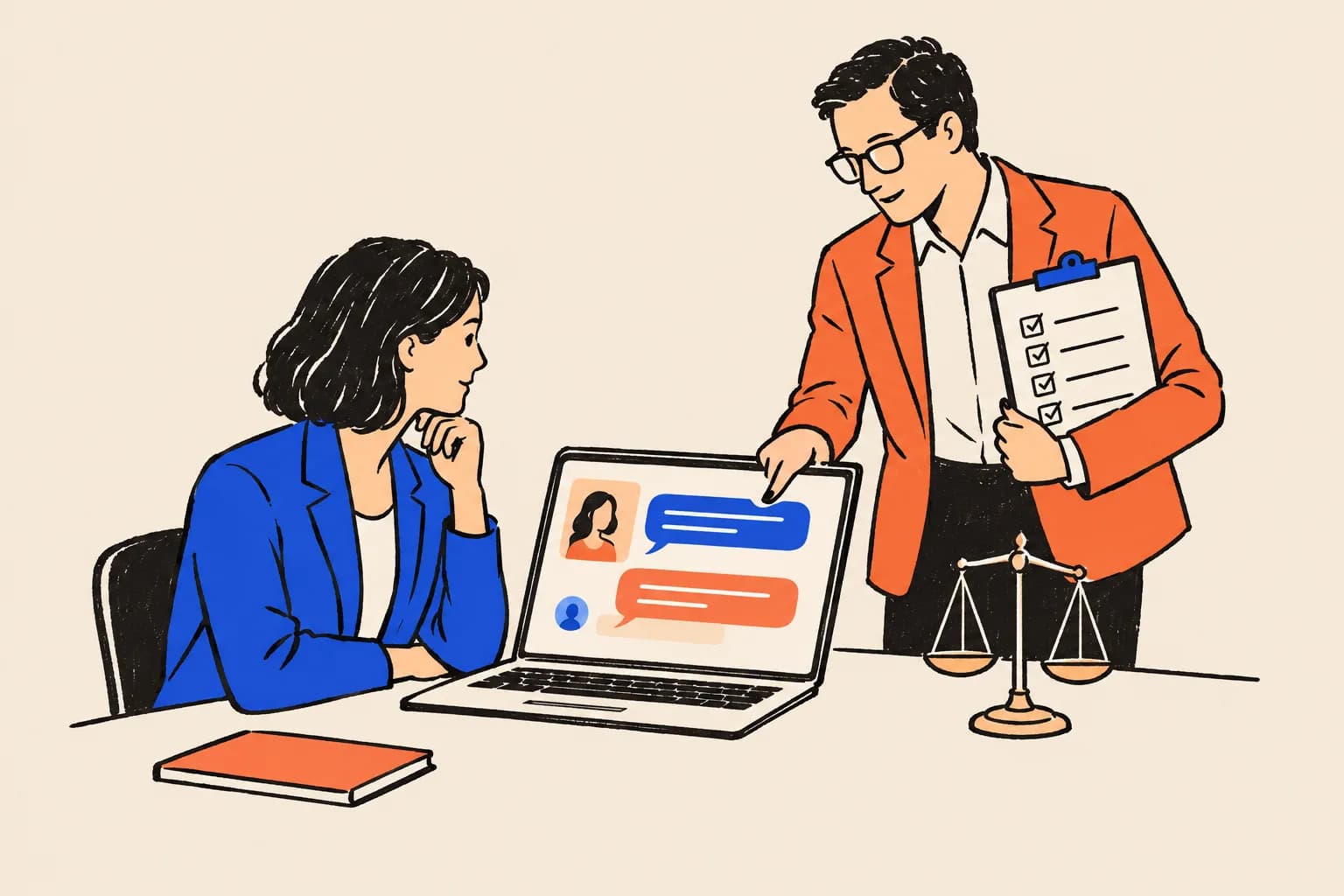 A financial advisor at her desk looks at a chat answer on her laptop while a colleague holding a checklist clipboard points at the screen, with a small balance scale on the desk.