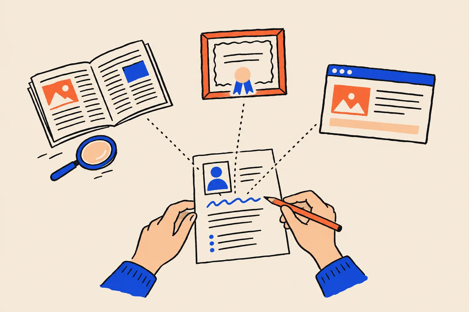 One hand holds a profile card while the other marks a line on it with a pencil, with dotted lines running from one underlined line on the card to an open magazine, a framed certificate and a small browser window laid out around it, and a magnifying glass nearby.