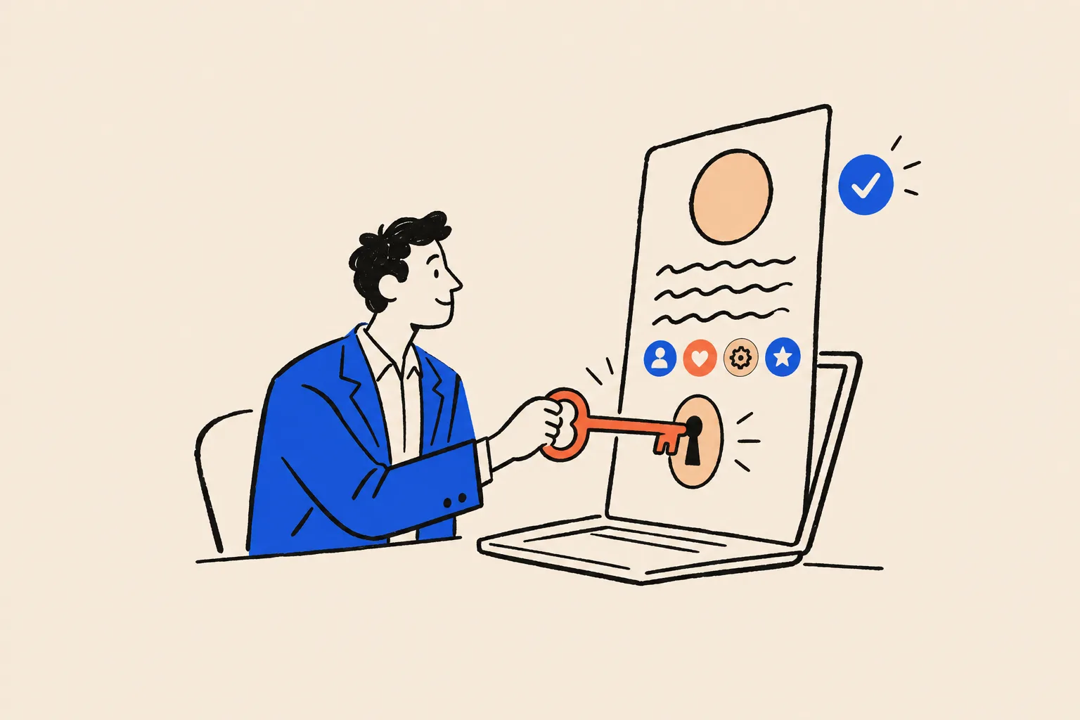 A man at a desk turns a large key in the lock of an oversized profile card rising out of his laptop screen, with a small checkmark badge beside it.