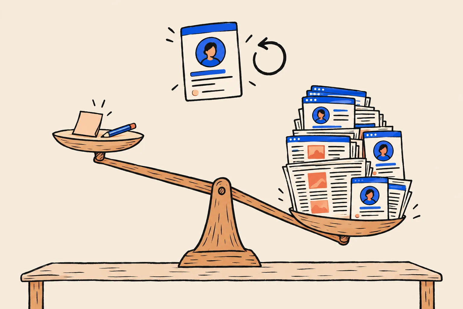 A balance scale with a single sticky note and pencil on the raised pan, outweighed by a tall stack of matching web pages and newspapers on the lowered pan, beneath a profile card with a circular arrow.