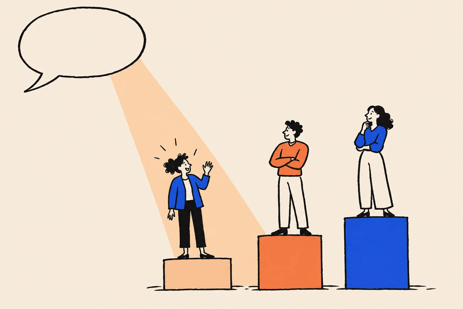 A speech bubble shines a spotlight onto a coach on the lowest of three podiums, who waves back, while two coaches on taller podiums look on.