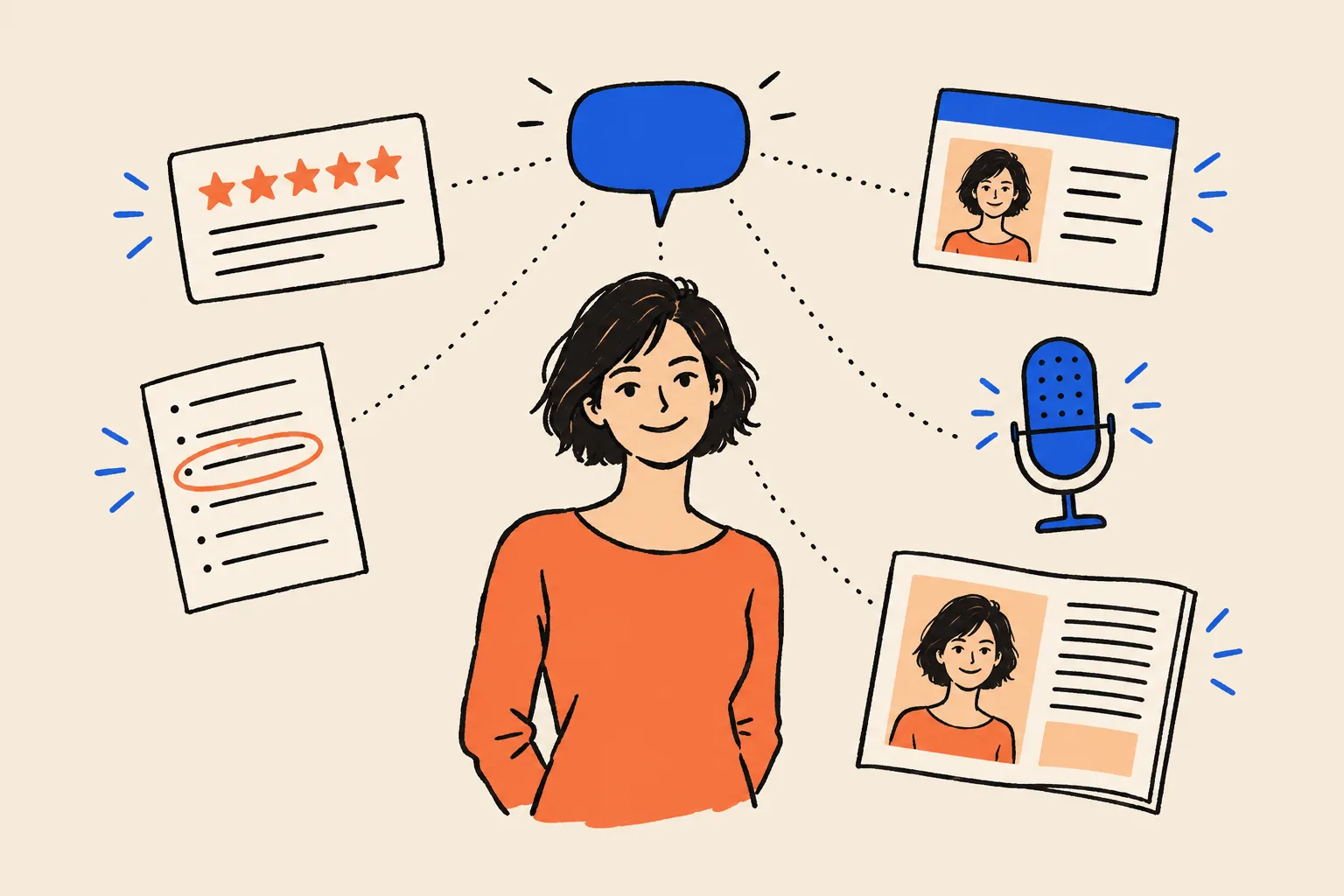 A smiling coach in the centre, surrounded by a five-star review card, a list with one line circled, a directory profile with her photo, a podcast microphone and a magazine page with her photo, all linked by dotted lines to a speech bubble above her.
