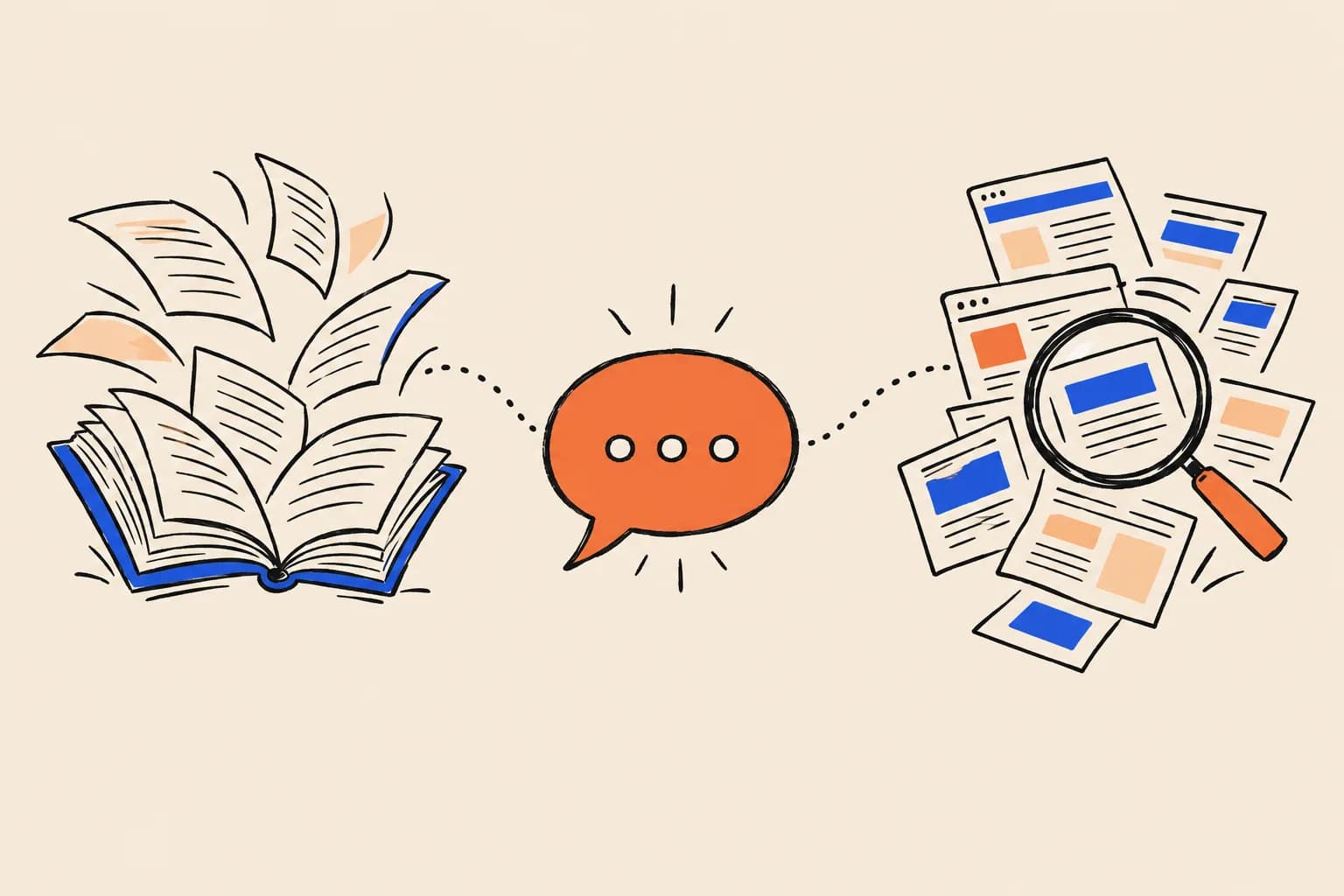 An open book with pages flying out on the left and a magnifying glass over a pile of web pages on the right, both joined by dotted lines to a speech bubble in the middle.