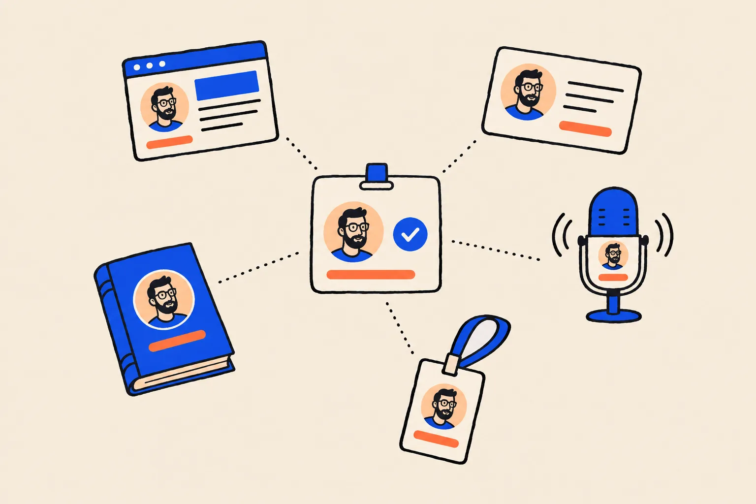 A central identity card with a bearded man's portrait and a check mark, linked by dotted lines to a website, a profile card, a microphone, a conference badge and a book, each showing the same portrait and the same coral line.