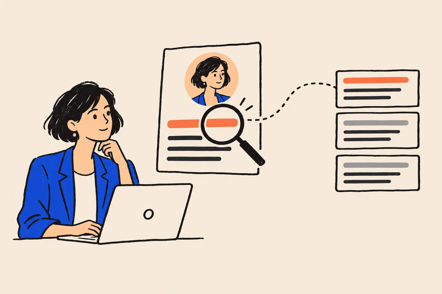 A woman at a laptop looks at a floating profile card with her photo, where a magnifying glass highlights the line under her portrait and a dotted line carries it to the top of a stack of search results.
