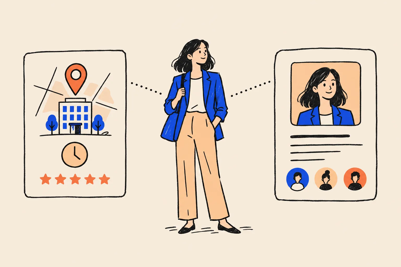 A woman in a blue blazer stands between two cards linked to her by dotted lines: on the left a map card with an office building, a pin, a clock and five stars; on the right a profile card with her portrait and small profile icons.