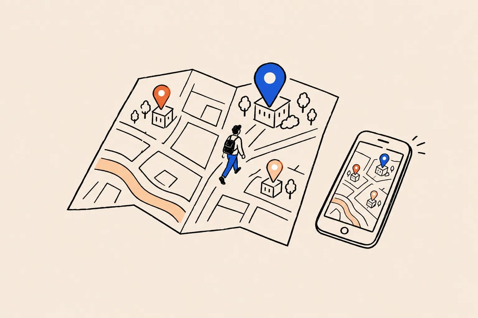 A folded street map with three map pins on small buildings, one larger blue pin, a person walking towards it, and a phone beside the map showing the same pins.