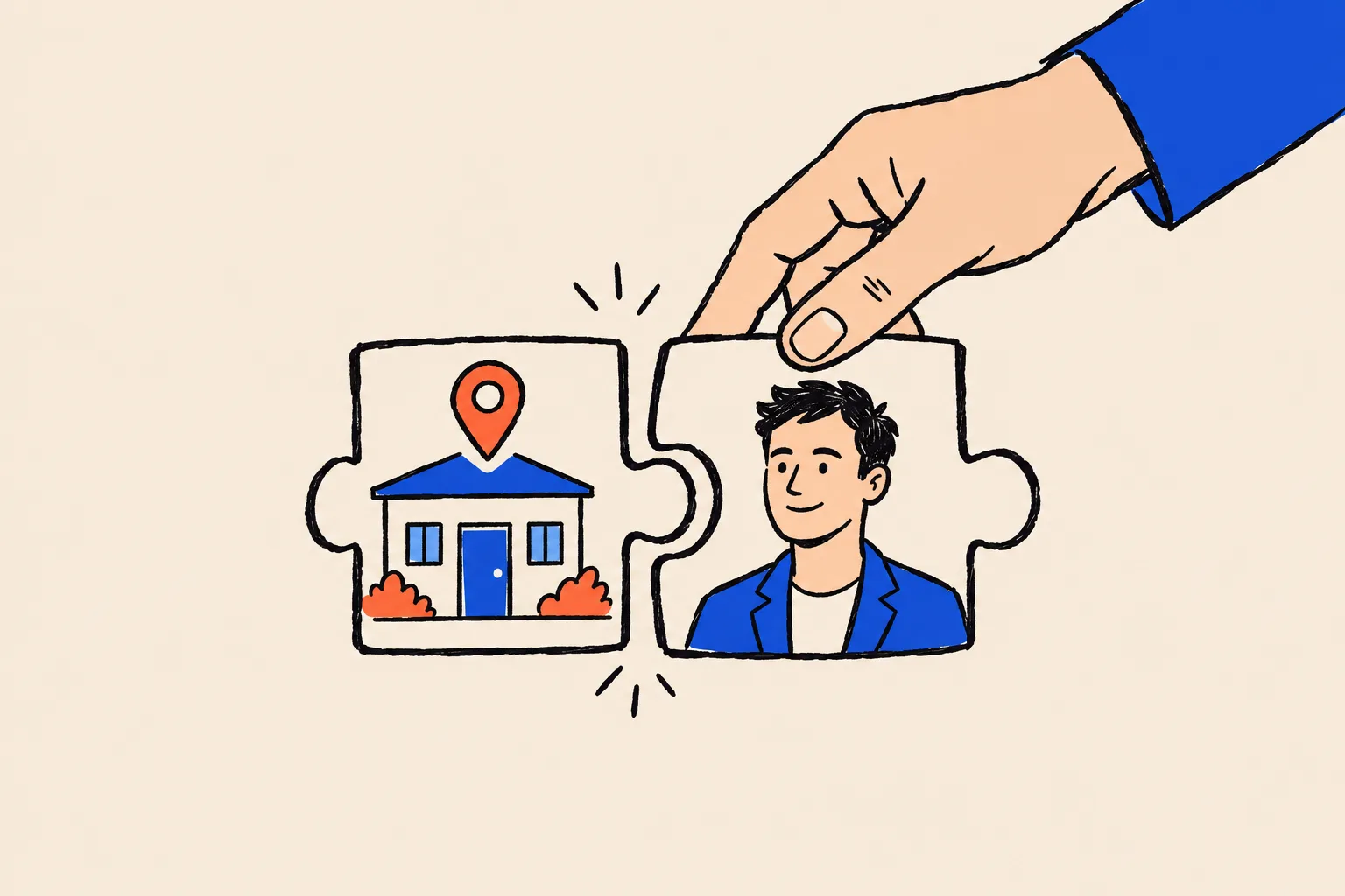 A hand fits together two puzzle pieces: one shows a small house-shaped office with a map pin, the other shows a smiling man in a blue blazer.