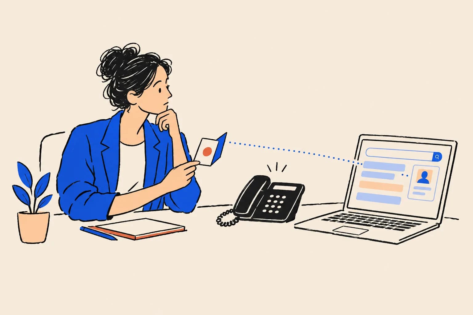 A professional at her desk holds a referral card and glances at the desk phone, while a dotted line runs from the card to a laptop showing search results and a small profile card.