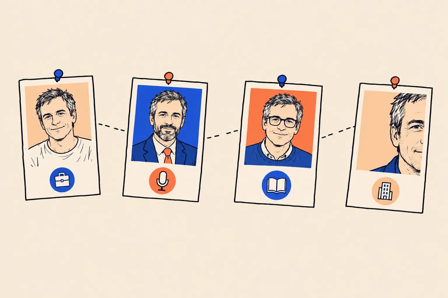 Four pinned profile cards showing the same man in different photos, from a casual old snapshot to a suit with a beard, each with a different icon underneath and broken dashed lines between them.