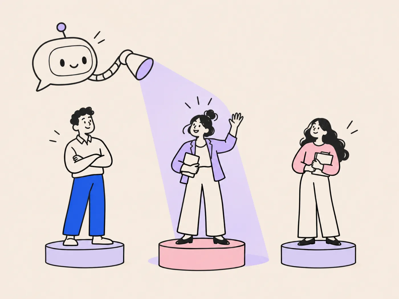 A chat bubble shining a spotlight on one of three coaches standing on podiums, who waves back