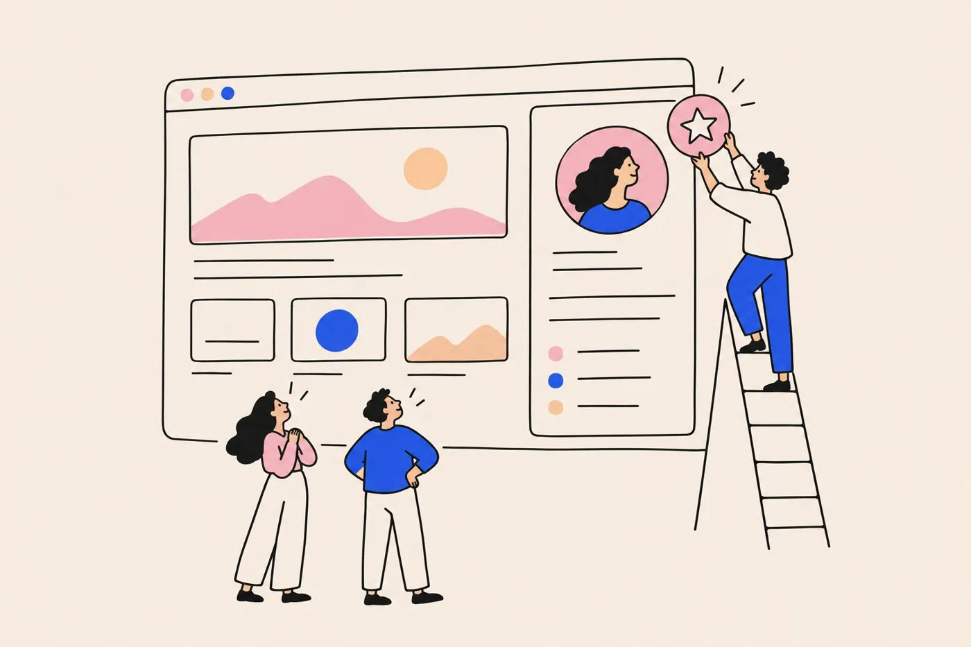 A browser window with a profile panel, a small person on a ladder pinning a star badge to it while two others look up