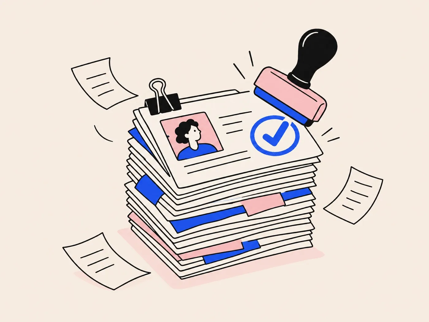A stack of profile documents being stamped with a checkmark