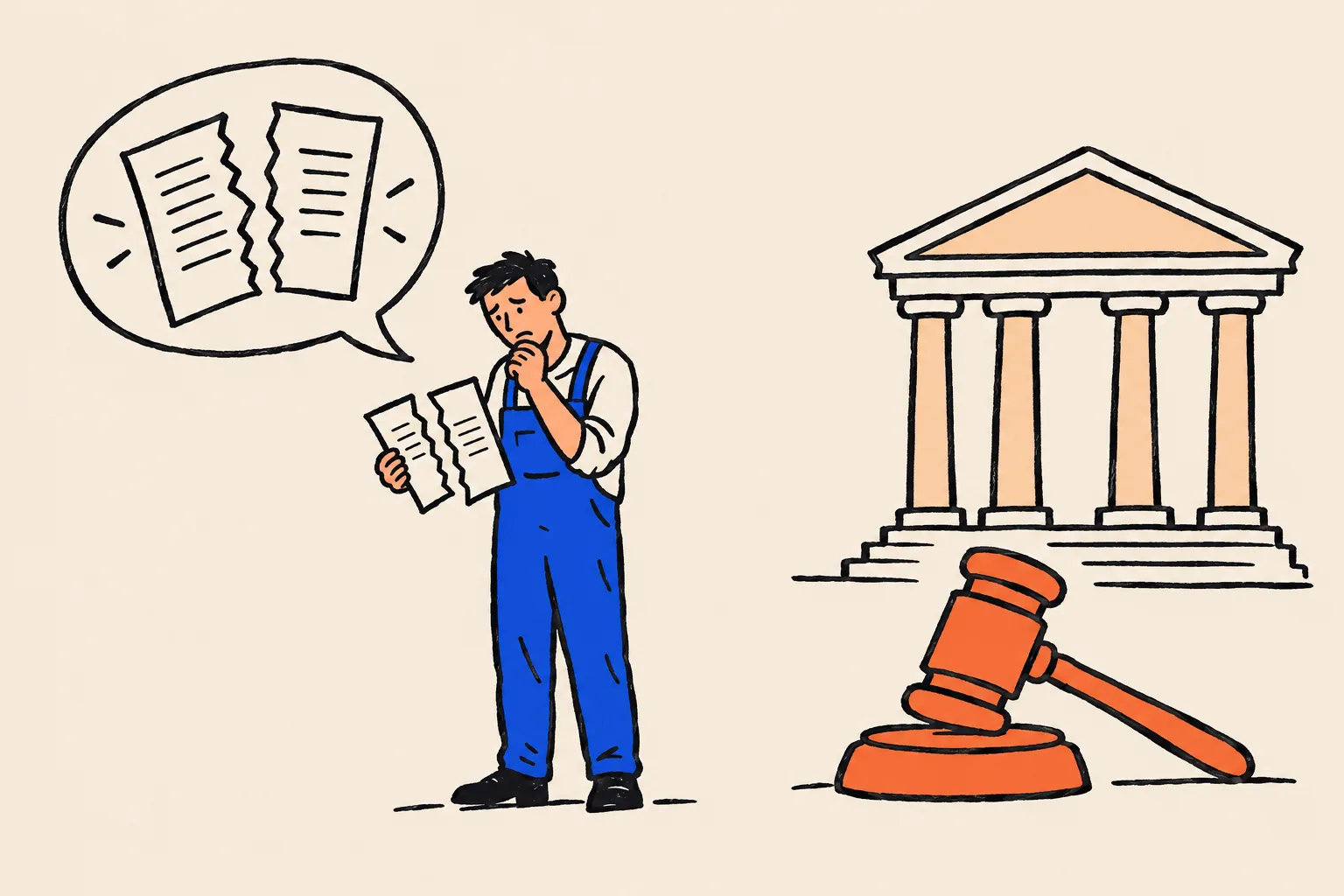 A worried man in overalls holds a torn contract that has fallen out of a chat speech bubble, with a courthouse and a large gavel beside him.
