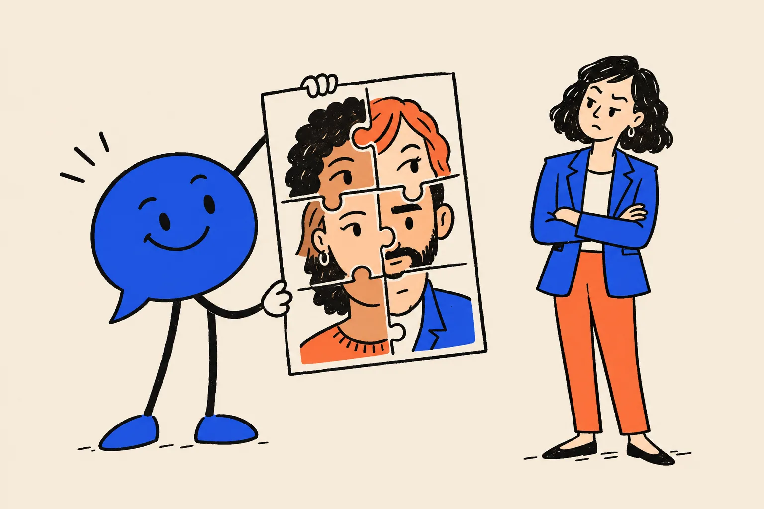 A smiling chat-bubble character holds up a portrait stitched together from puzzle pieces of different faces, while the real woman it is meant to show stands beside it with her arms crossed.