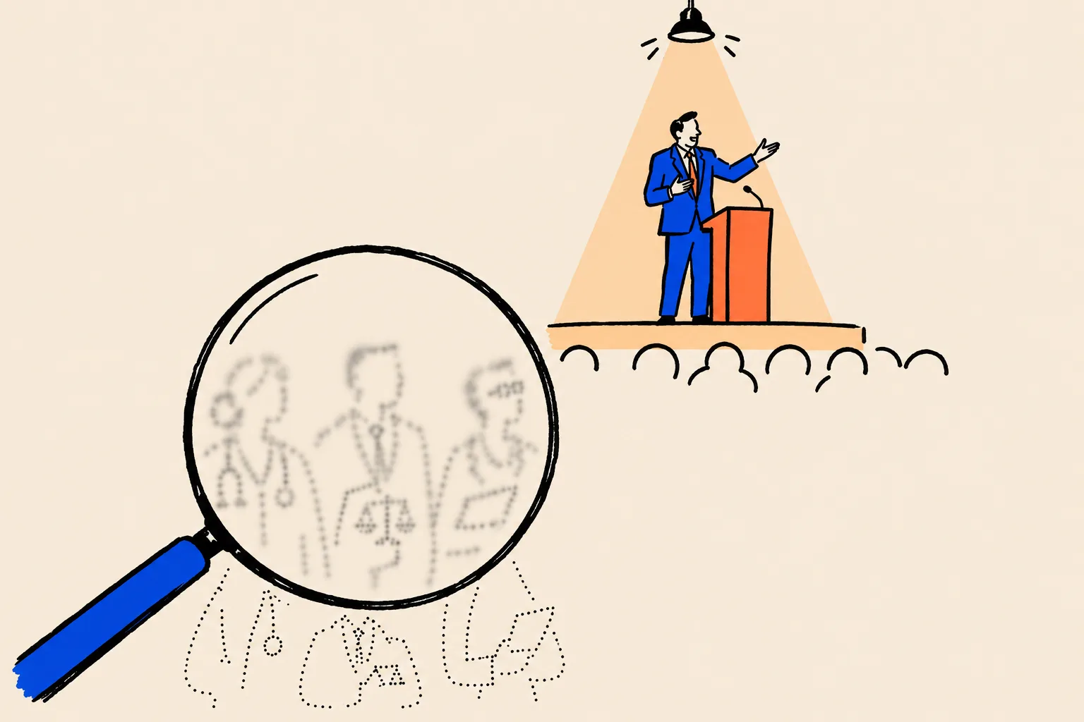 A speaker under a spotlight is drawn in solid lines, while a magnifying glass over a doctor, a lawyer and a consultant in the foreground shows them only as blurry dotted outlines.
