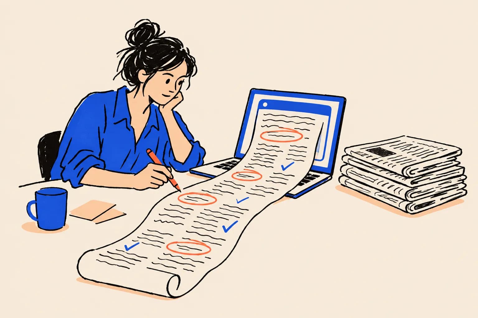 A journalist at a desk circles mistakes in coral pen on a long scroll of text unrolling from a laptop chat window, next to a stack of newspapers.