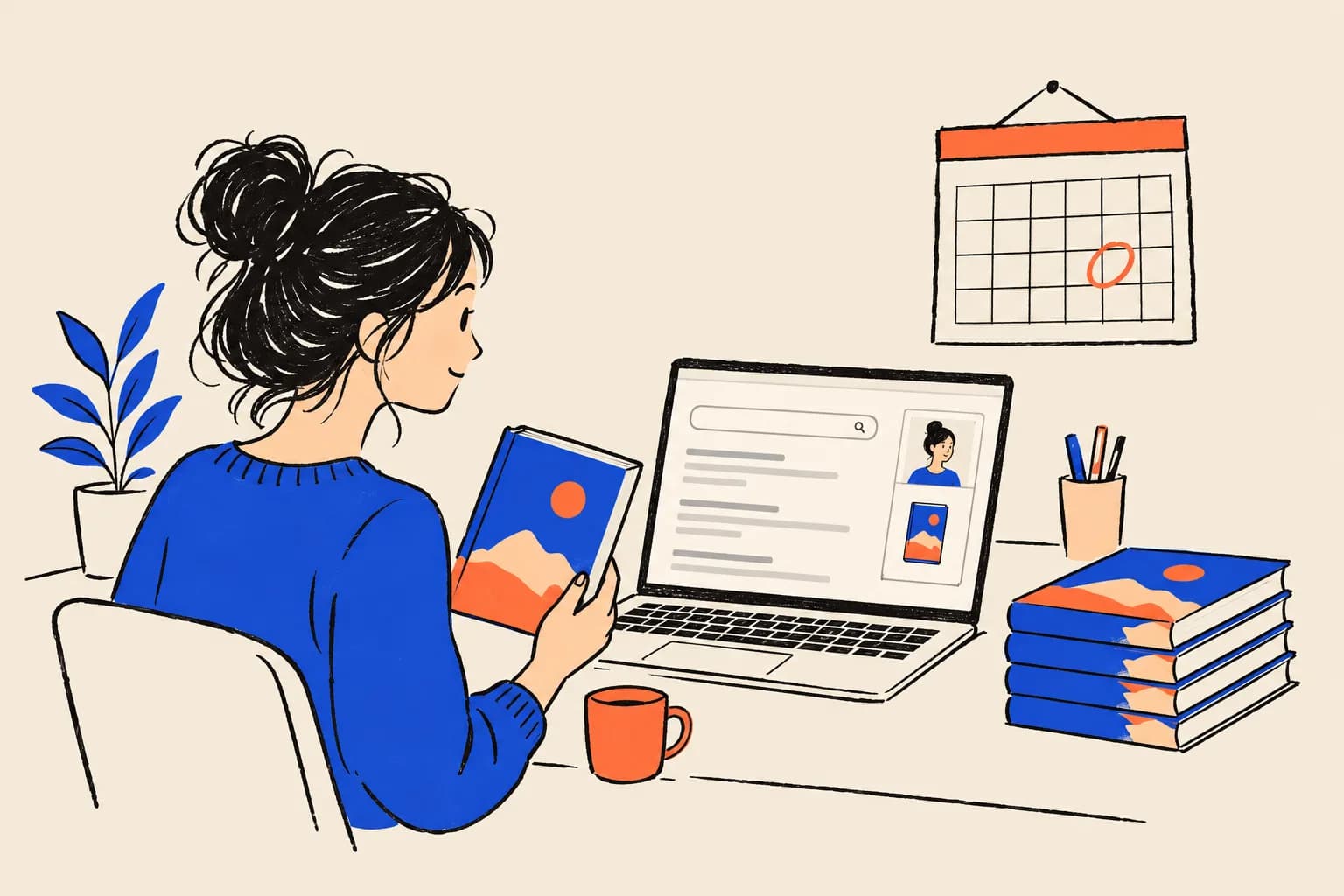 An author holds her new hardback at a desk, looking at a laptop that shows search results with a side card carrying her photo and her book cover, while a stack of copies sits beside her and a wall calendar has one day circled.