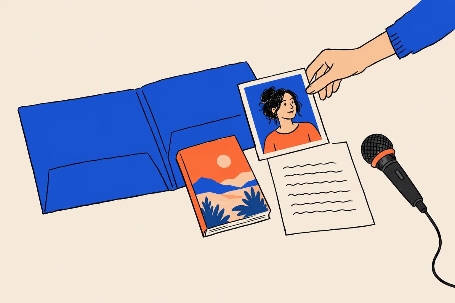 An open folder spills out an author headshot, a book cover and a sheet of text, with a microphone beside them and a hand reaching for the headshot.