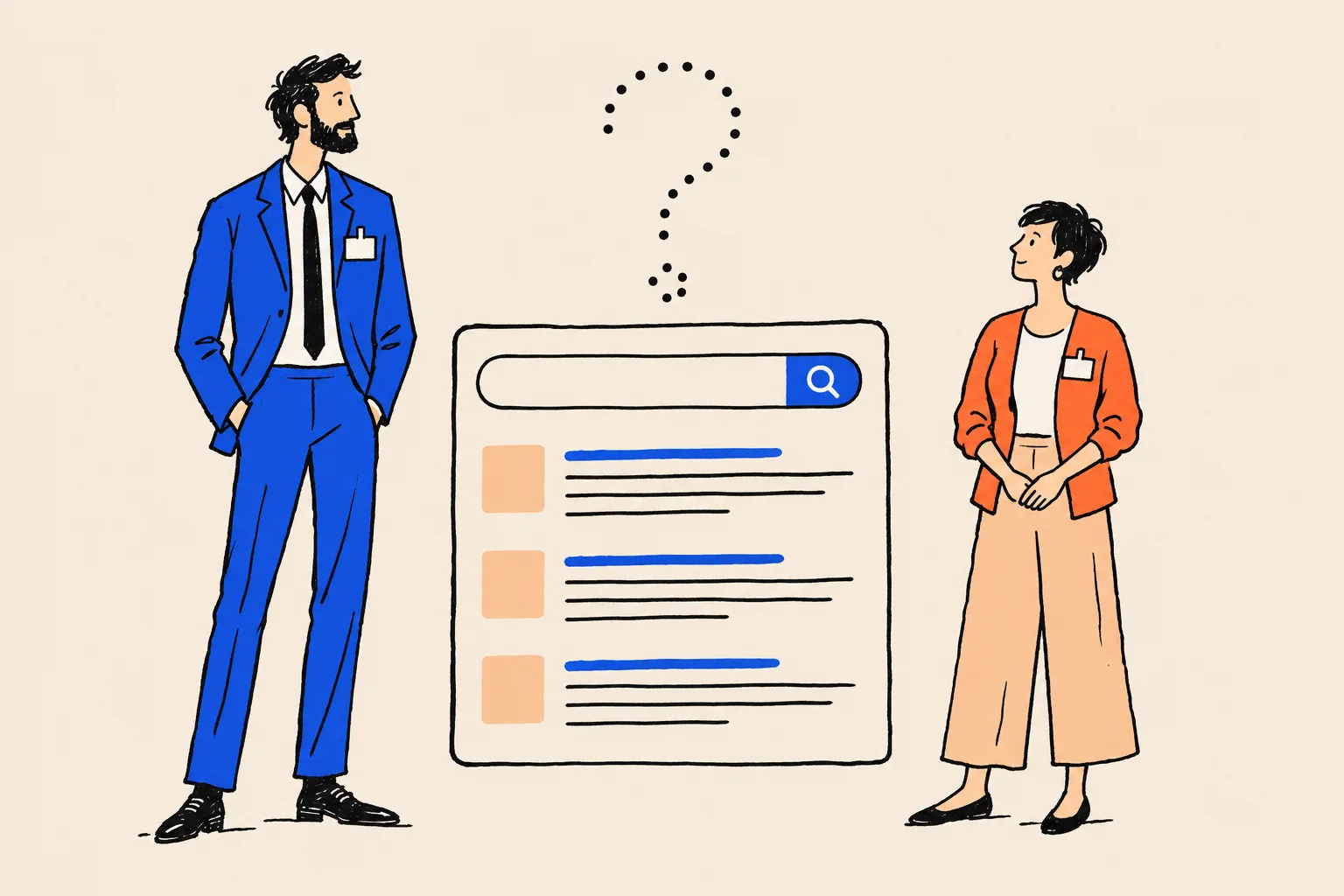Two different people, a tall bearded man in a blue suit and a short-haired woman in a coral cardigan, each wearing an identical blank name badge, stand either side of a large search results card under a dotted question mark.