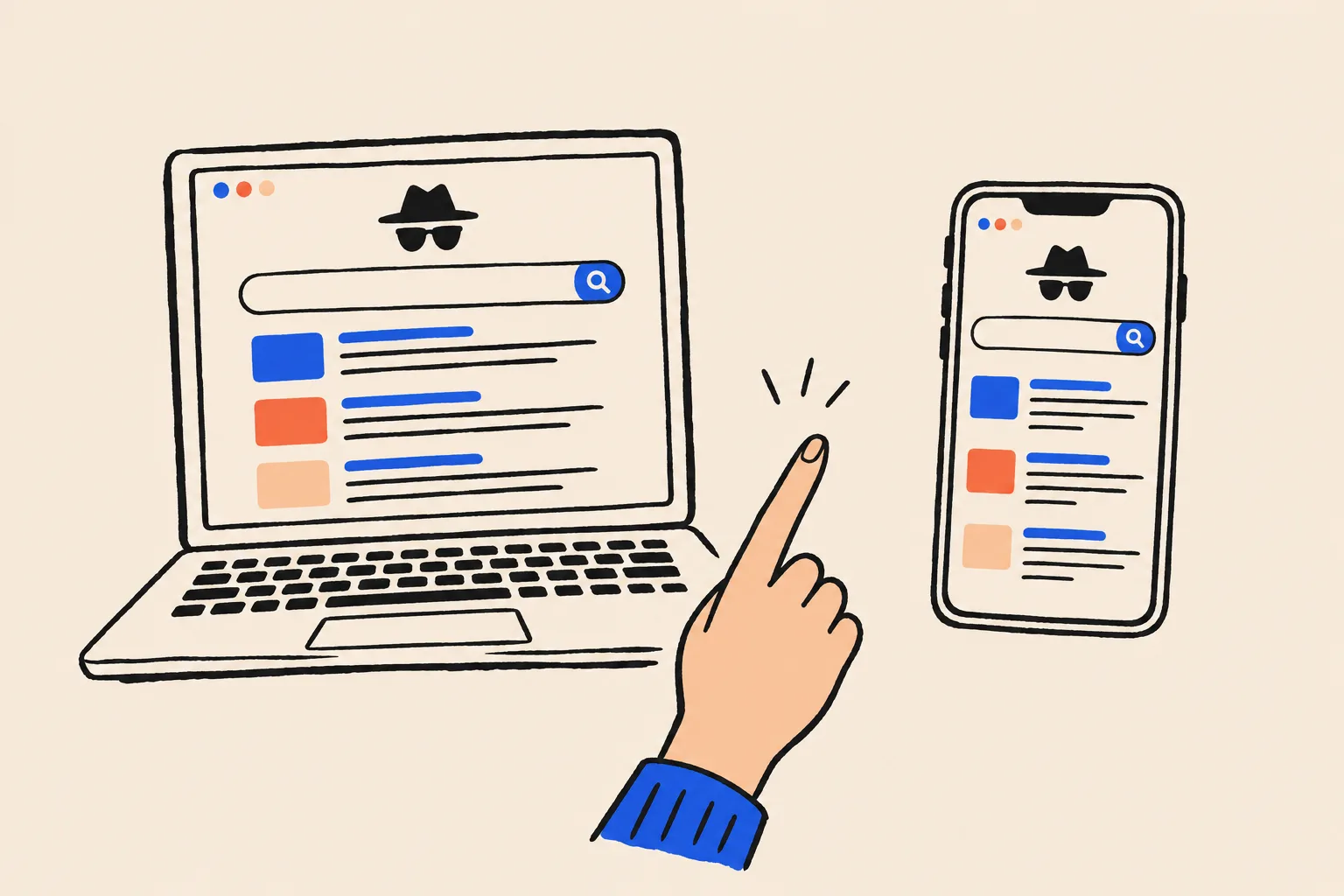 A laptop and a smartphone side by side, each showing a private browsing window with similar search results, while a hand points between them to compare.