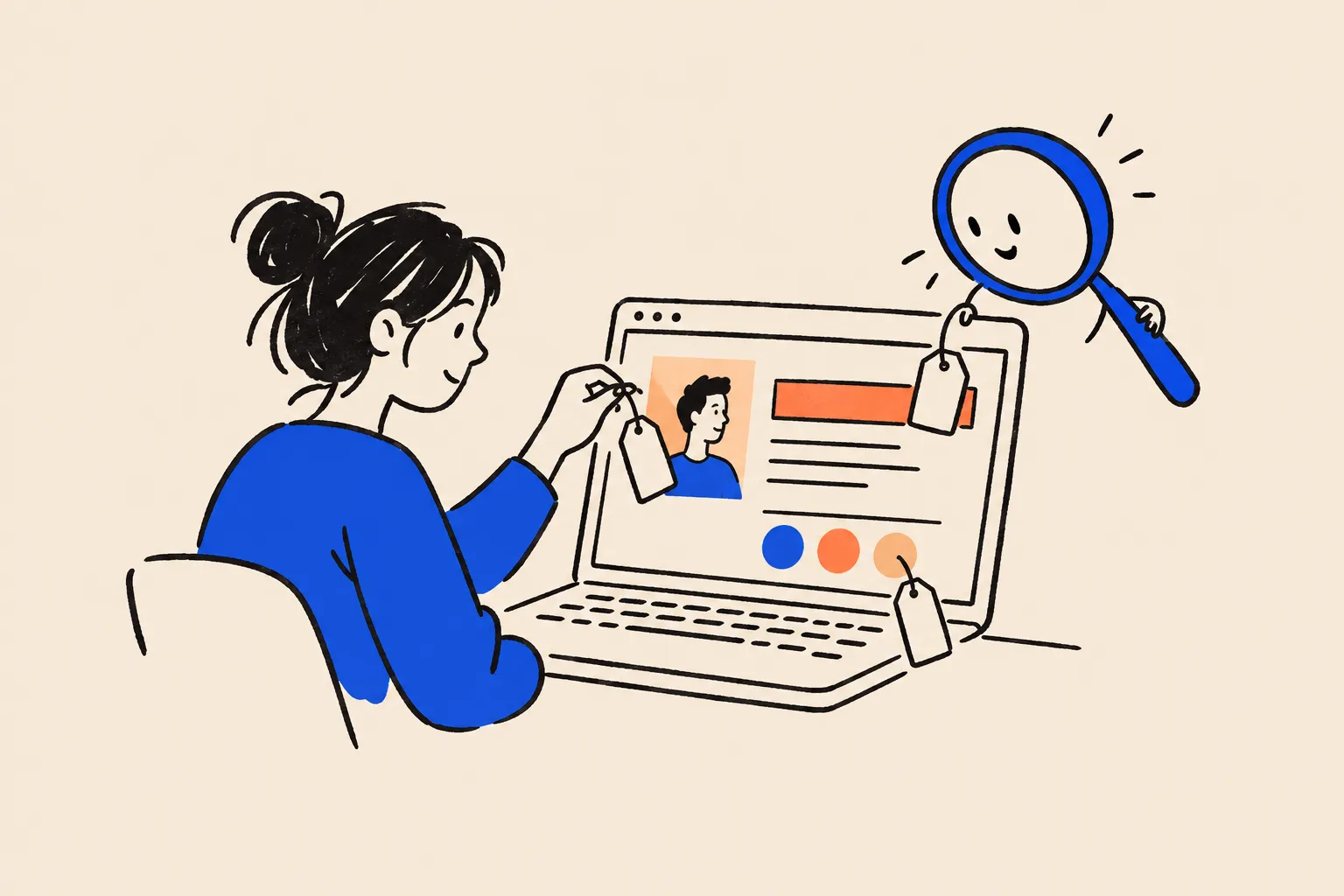 A woman at a laptop ties small blank tags to a portrait, a title bar and a row of profile icons on a web page, while a smiling magnifying glass reads them.