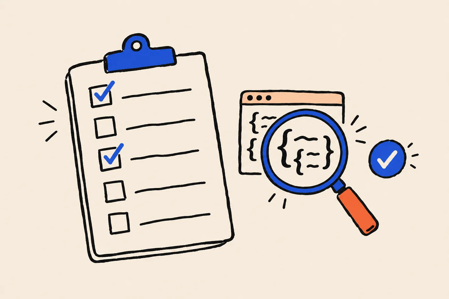 A clipboard checklist with two boxes ticked, beside a magnifying glass held over curly-bracket code in a small browser window and a round blue tick badge.