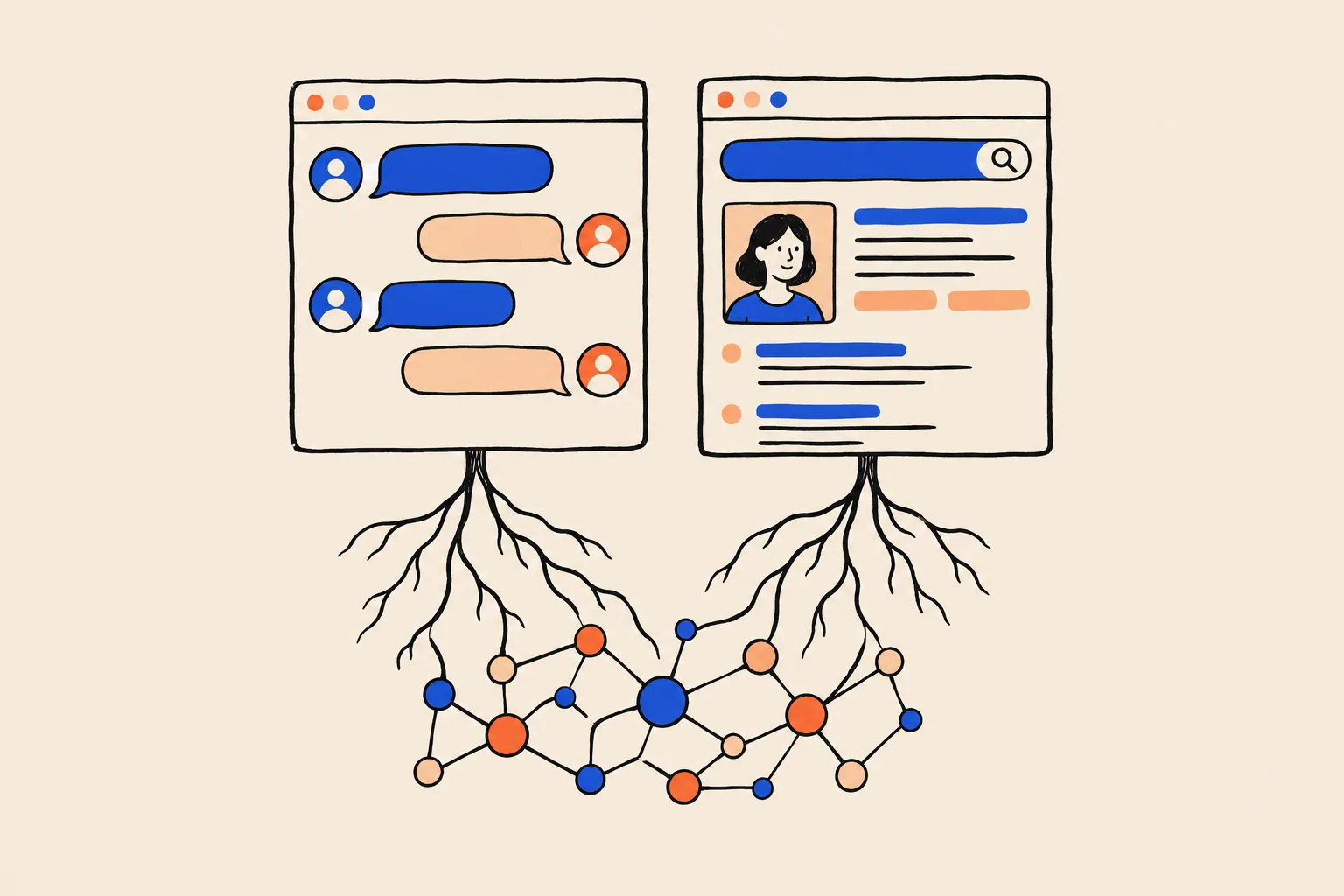 A chat window and a search results side card both grow from the same underlying network of connected nodes.