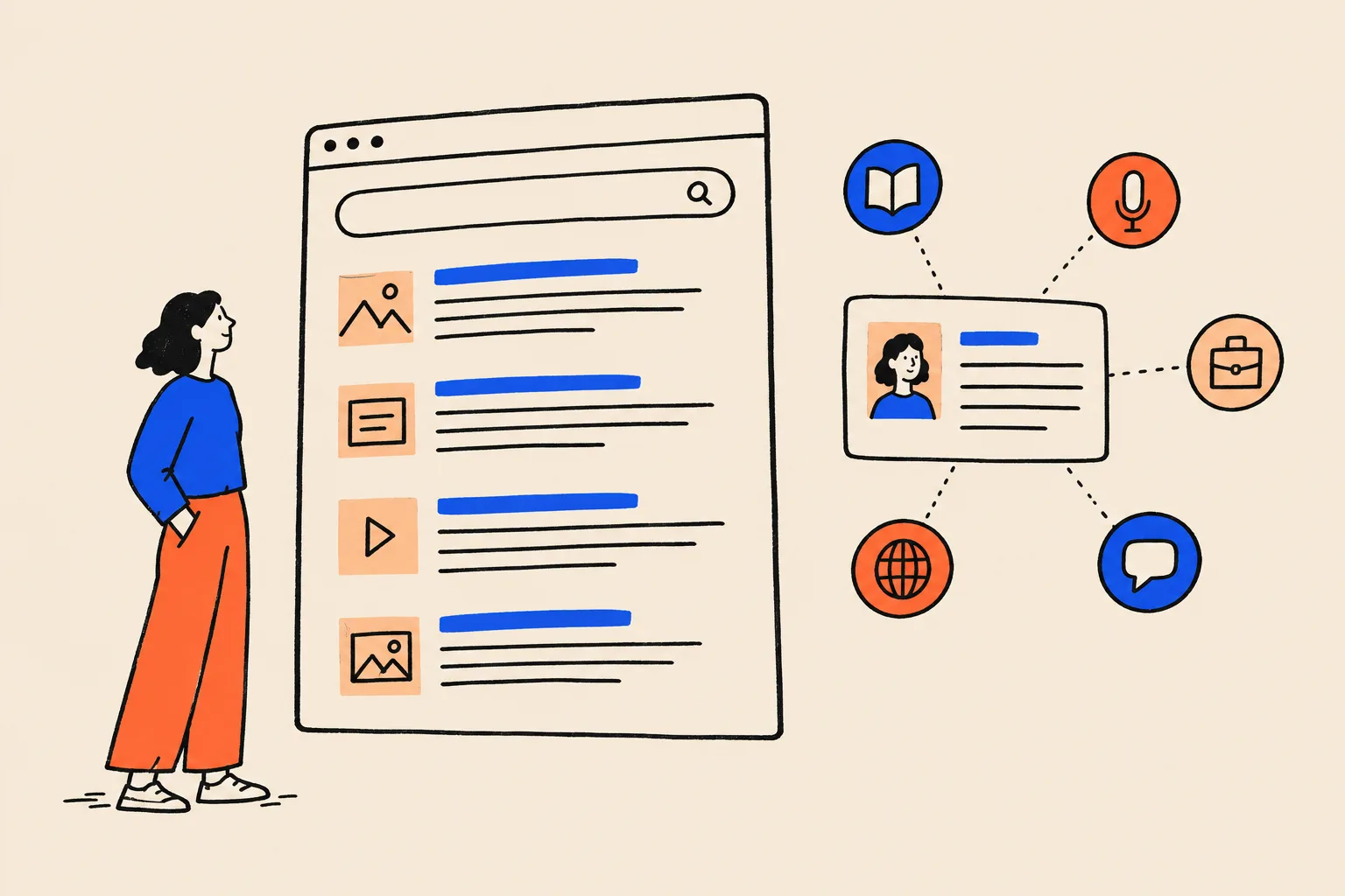 A woman looks at a page of search results beside a profile card with her photo, linked by dotted lines to icons for a book, a podcast, work, a website and messages.