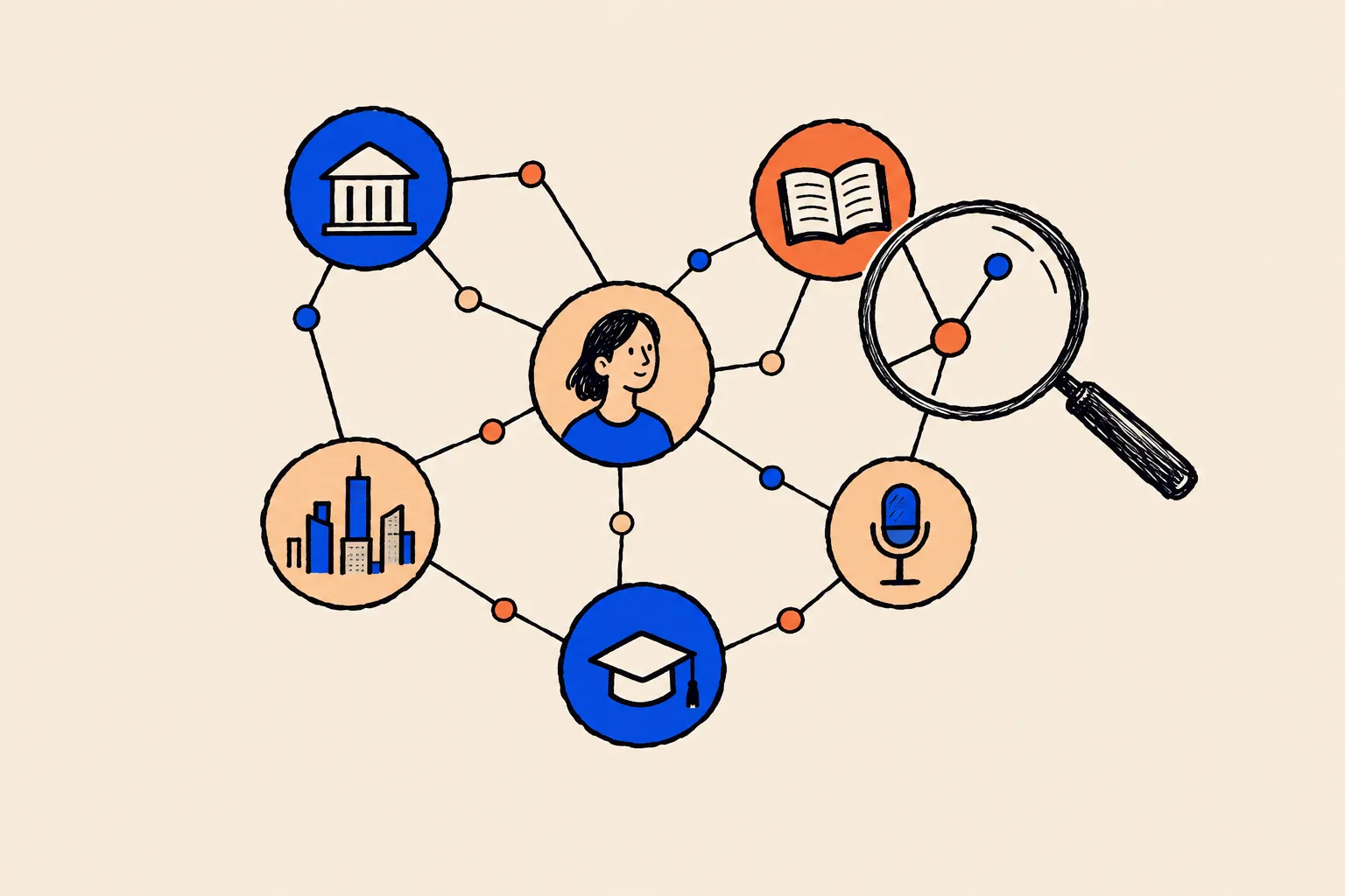 An illustrated web of connected nodes surrounding a central person, with a magnifying glass examining the links between them.