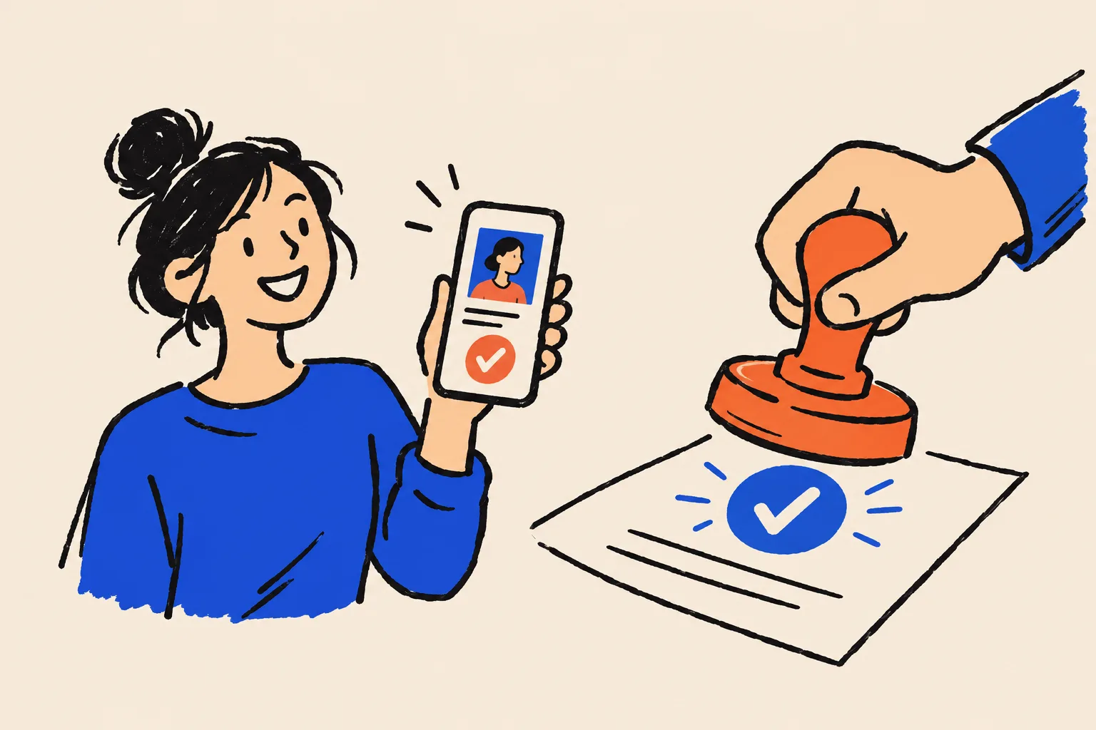 A person holds a phone displaying a verified profile card while a rubber stamp presses a checkmark onto a sheet of paper beside it.