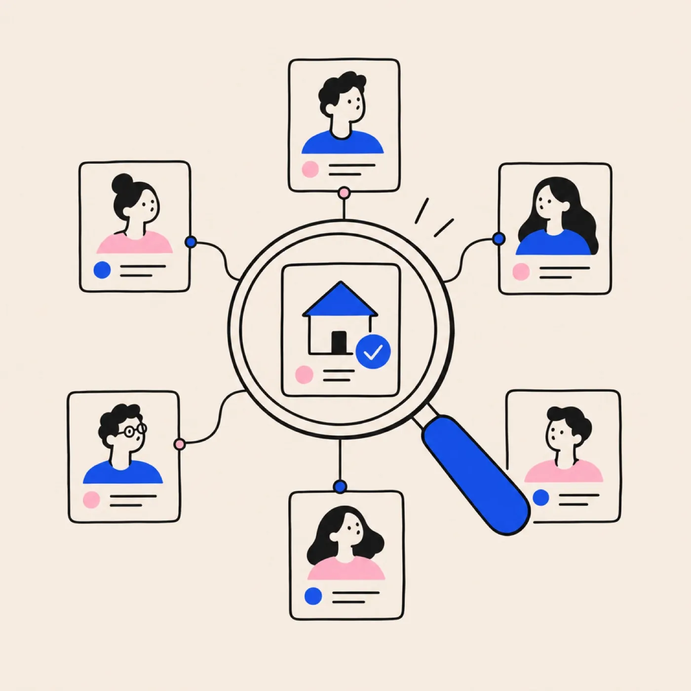 A magnifying glass over connected profiles linked to one home page