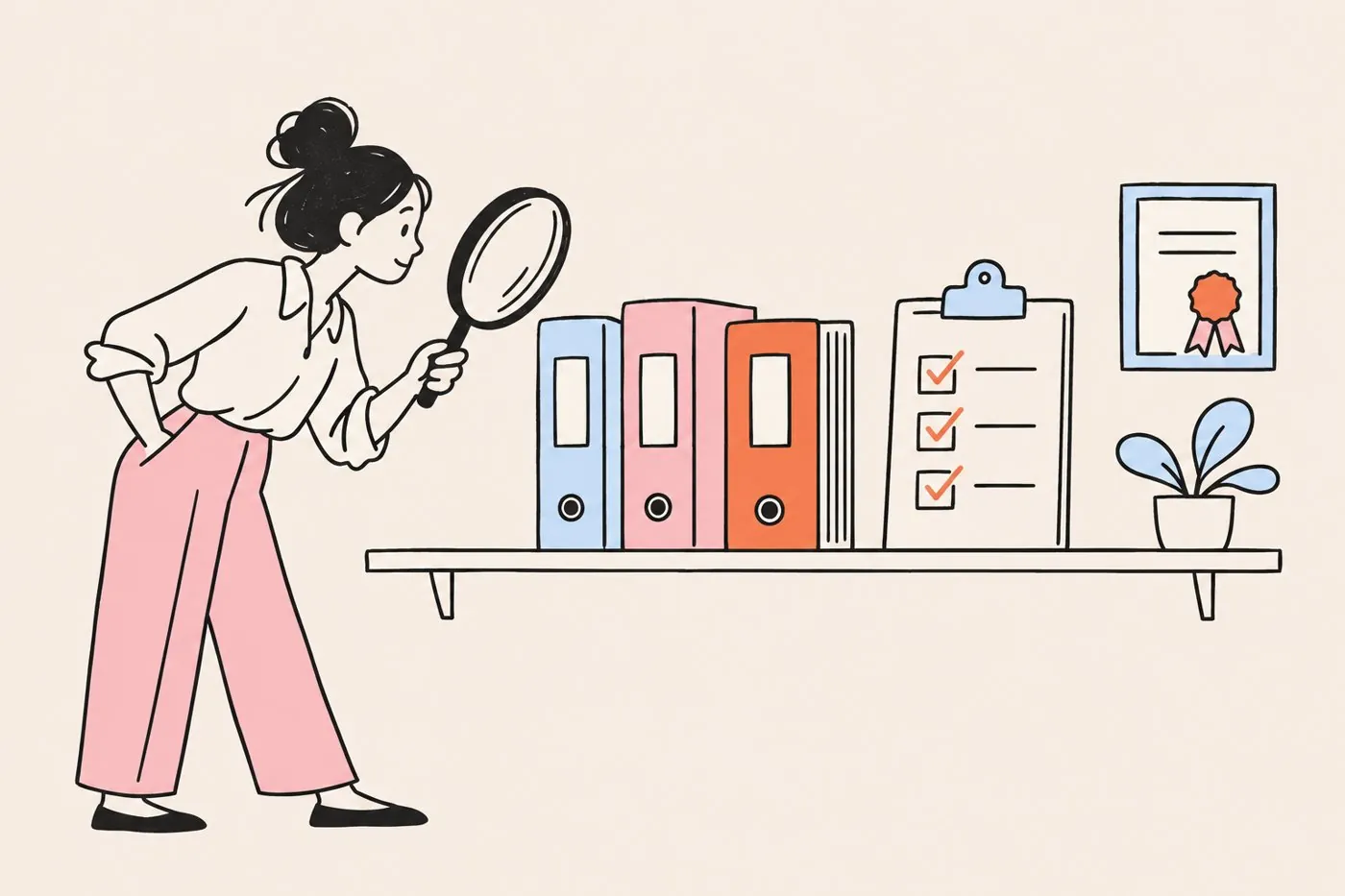 A business owner inspecting a row of binders and a certificate through a magnifying glass