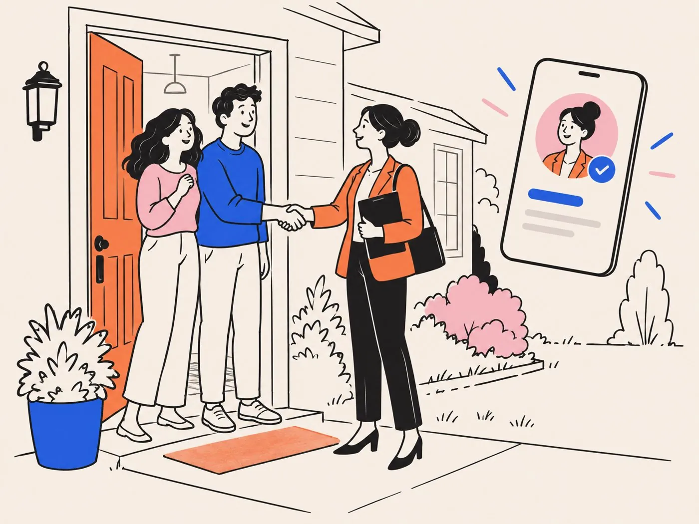 A real estate agent shaking hands with a homeowner couple at their front door, a verified profile on a phone beside them