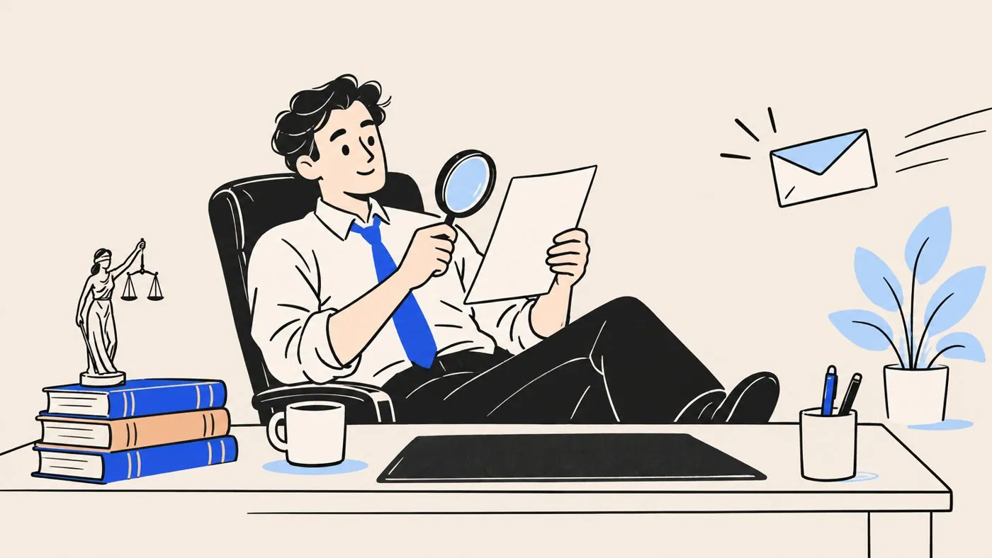 A lawyer leaning back in an office chair reading a one-page report with a magnifying glass as an envelope arrives