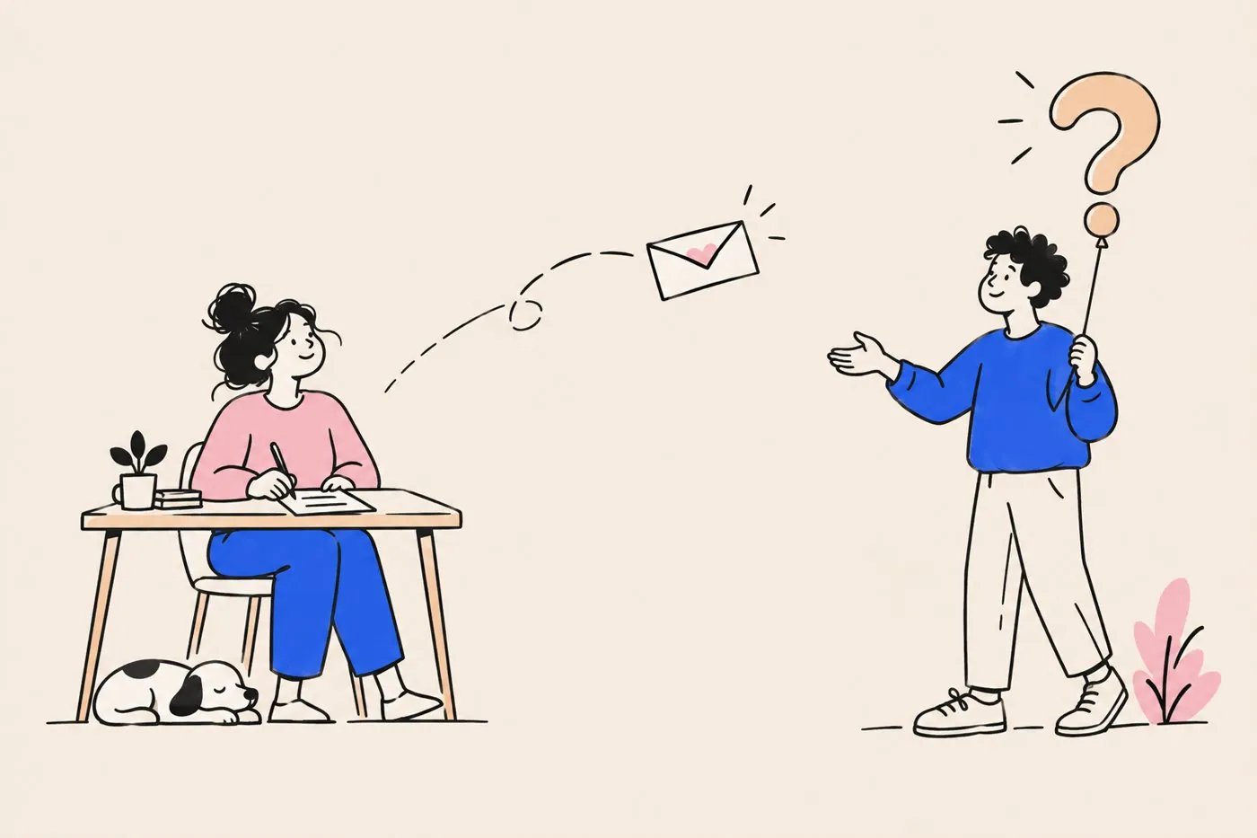 A person at a desk writing a reply, an envelope flying toward someone holding a question mark balloon