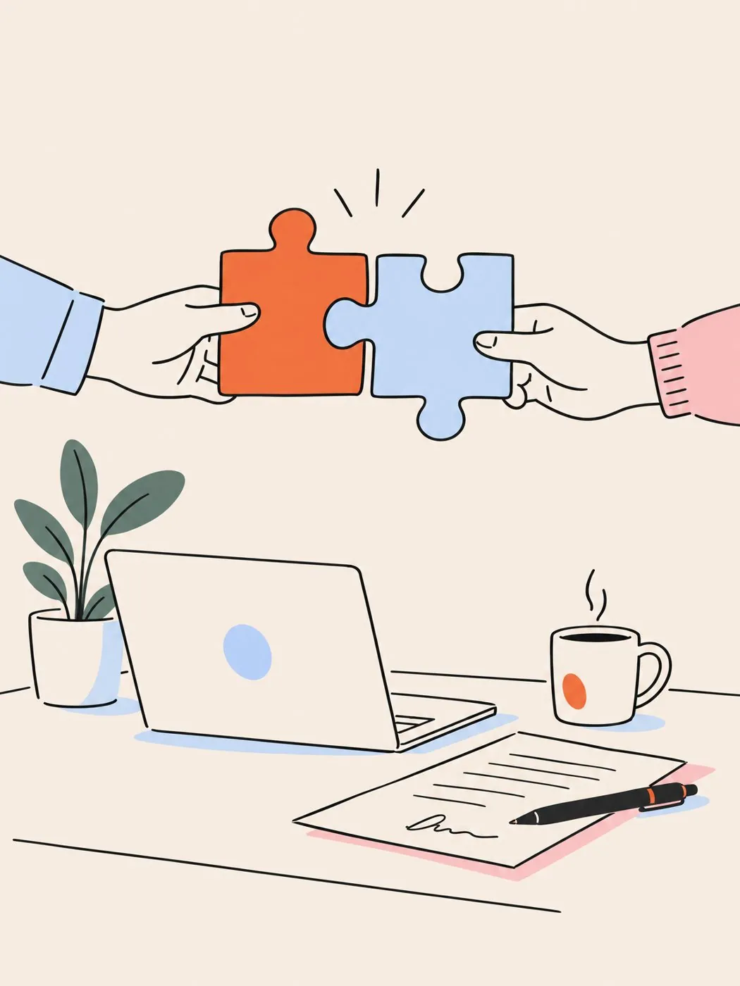 Two hands fitting jigsaw pieces together above a desk with a laptop, coffee and a signed agreement