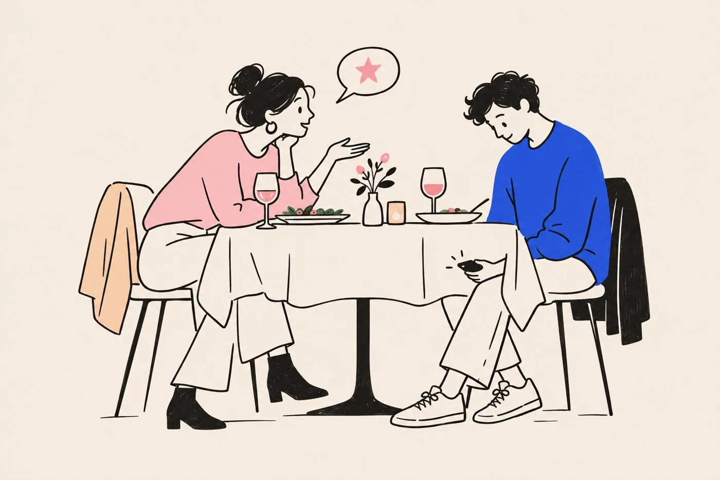 Two friends at dinner, one recommending an advisor while the other quietly checks a phone under the table