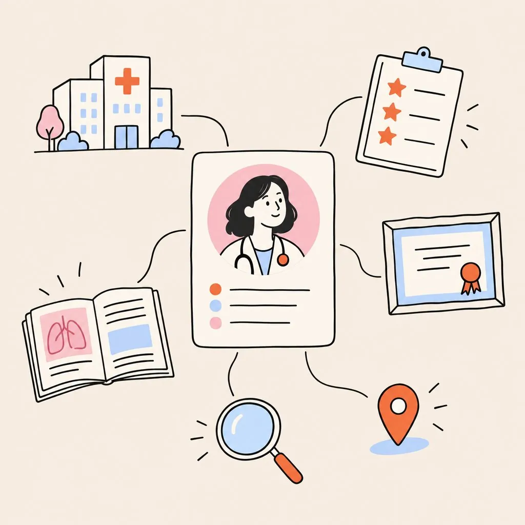 A doctor profile card linked to a hospital, ratings clipboard, diploma, medical journal, search glass and map pin