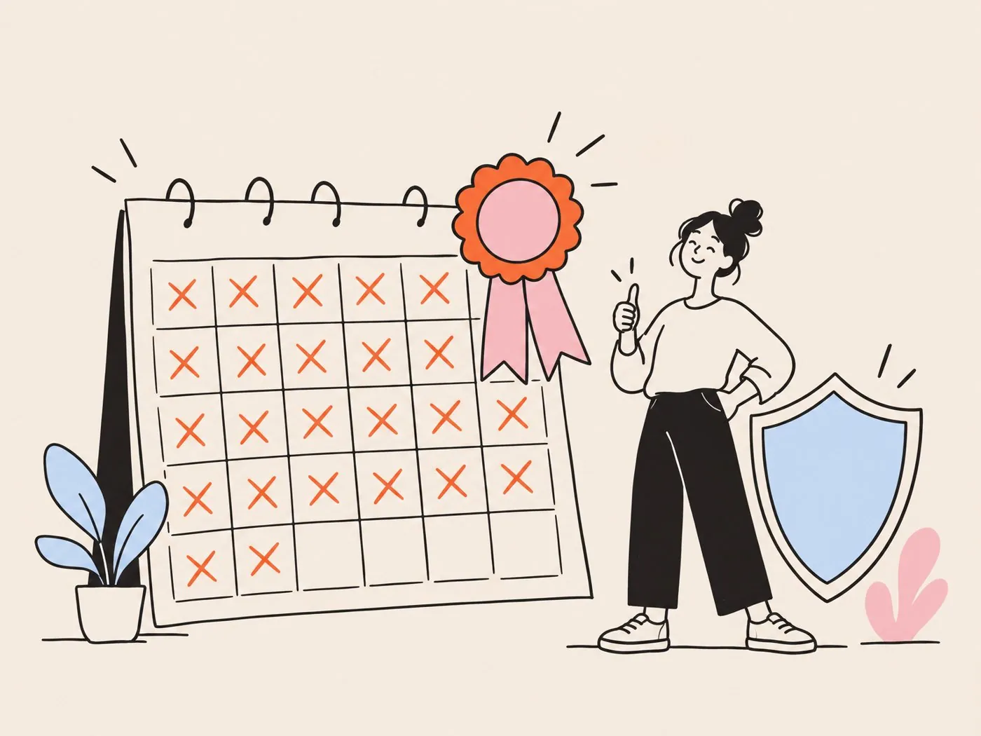 A calendar with days crossed off, a rosette seal pinned to it, and a person giving a thumbs up beside a shield