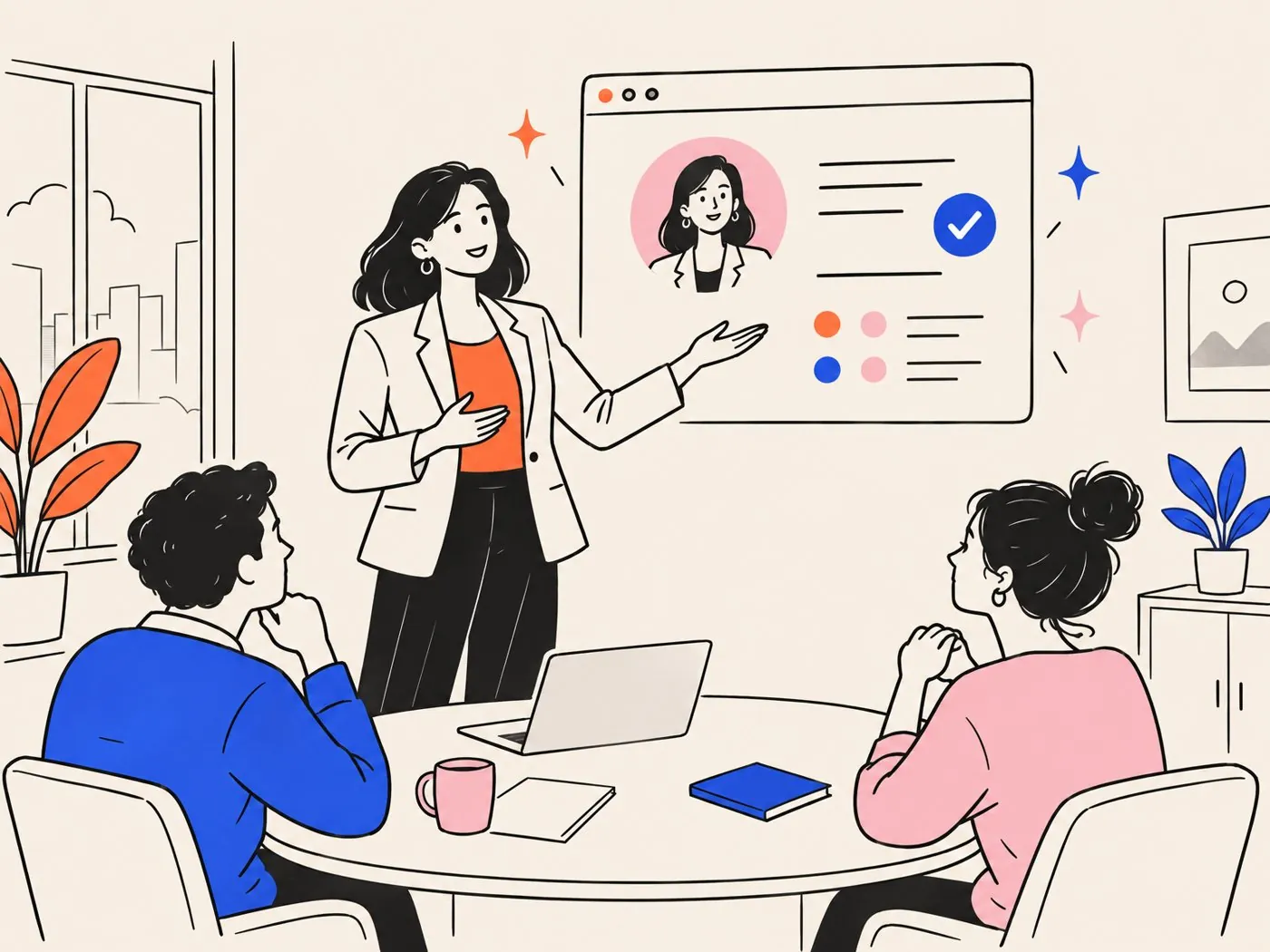 A coach speaking with two clients, a verified profile card floating behind them