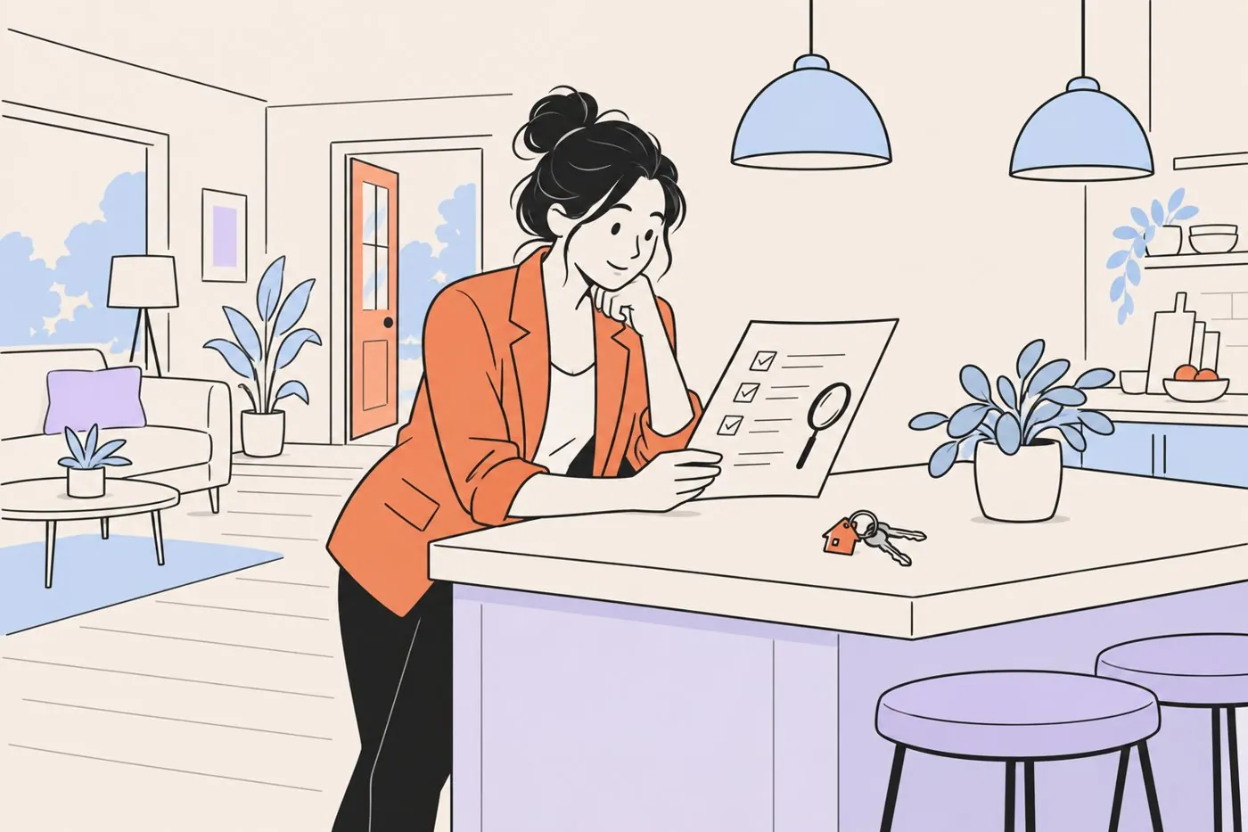 An agent at a kitchen counter in an open house reading a one-page checklist report