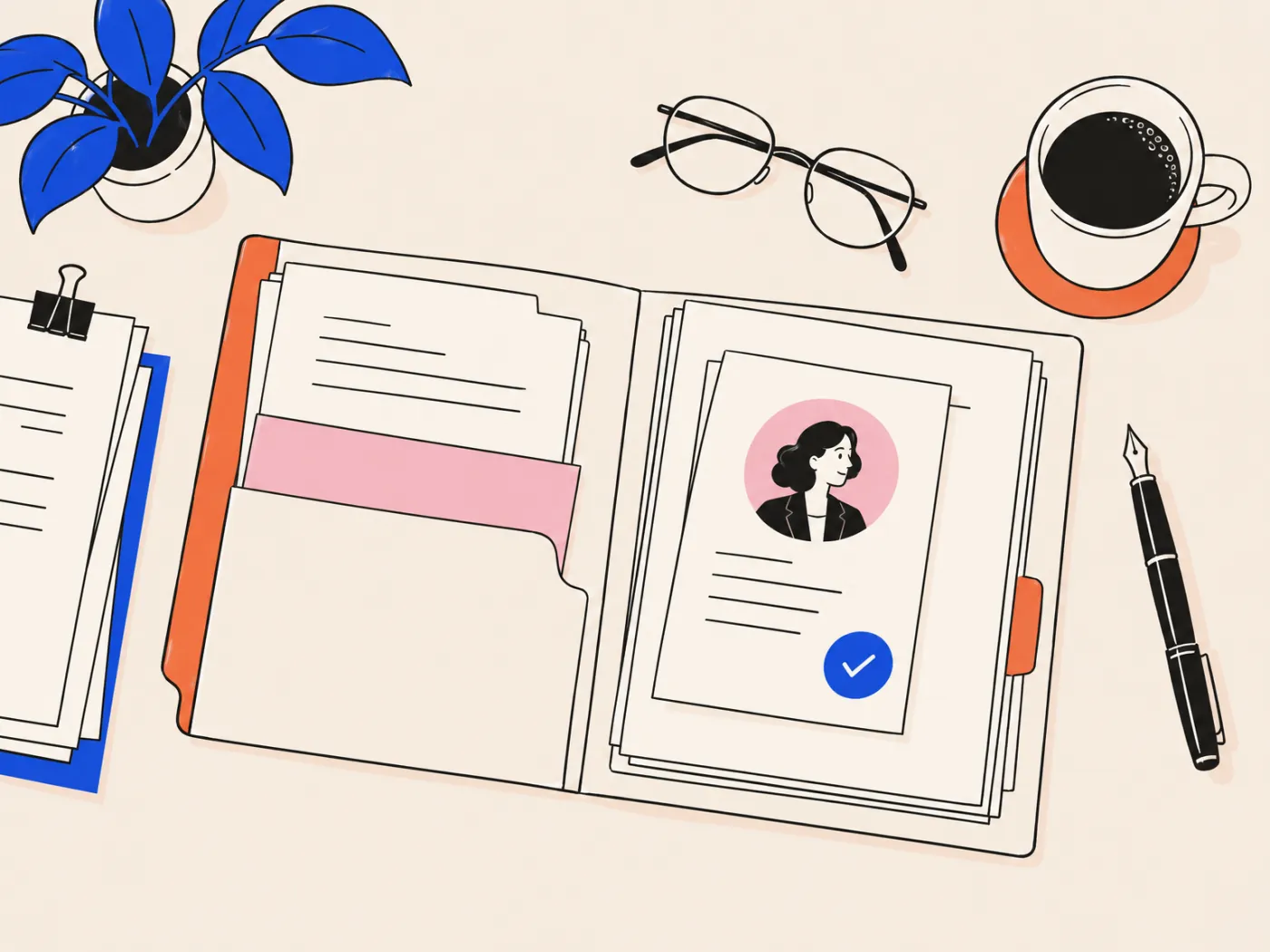An open case file on a lawyer's desk with a verified profile card on top, beside reading glasses, a fountain pen and a coffee cup