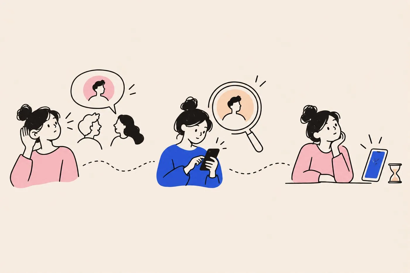 A person hears a name in conversation, looks it up on a phone with a magnifying glass, then pauses beside the phone before deciding to call