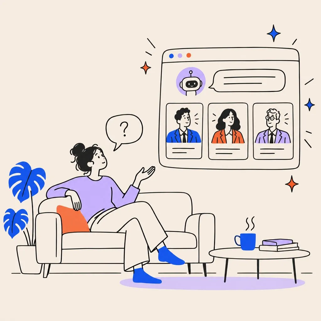 A person on a sofa asking a floating chat window, which answers with three advisor portrait cards