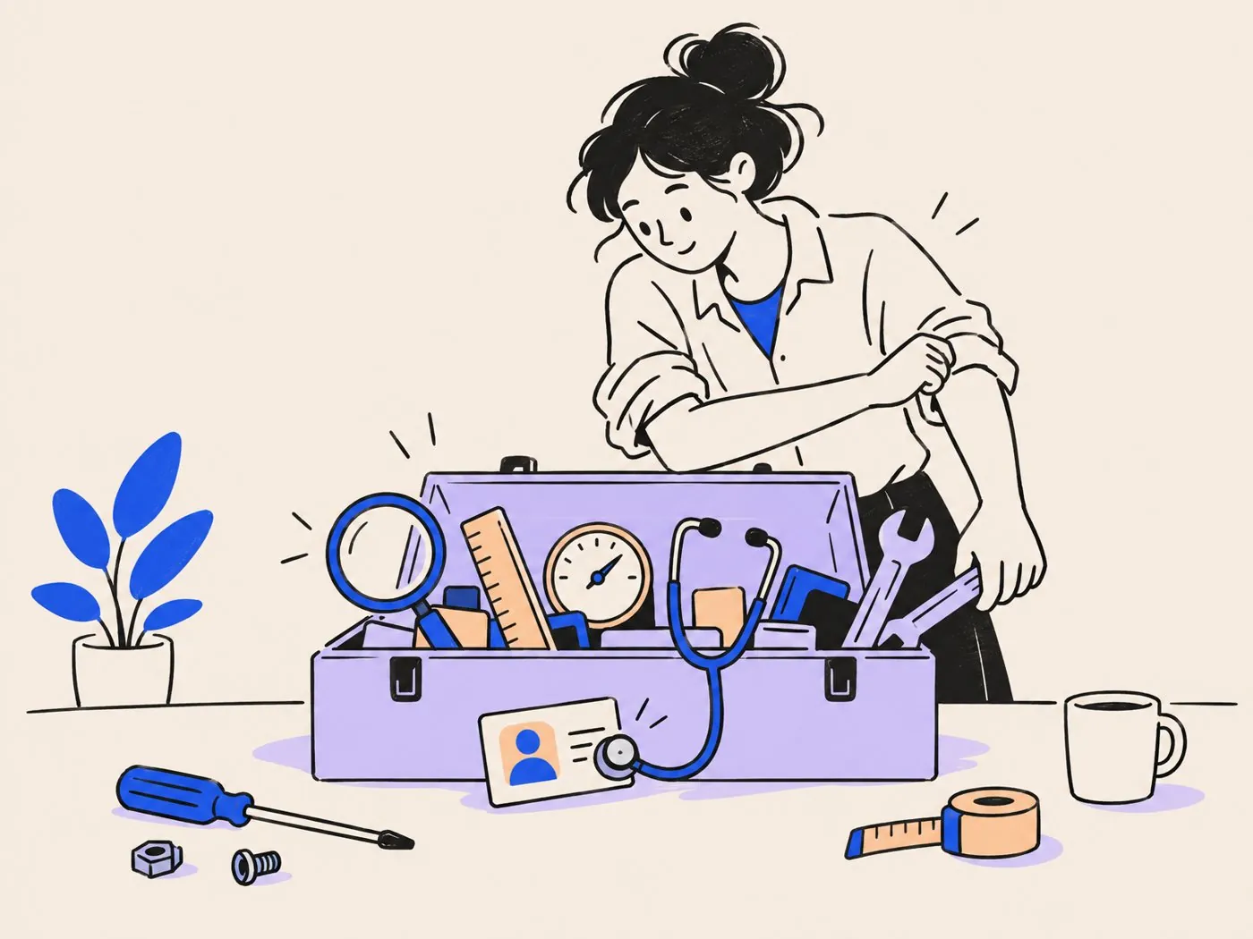 A person rolling up their sleeves over an open toolbox holding a magnifying glass, a gauge, a ruler and a stethoscope resting on a profile card