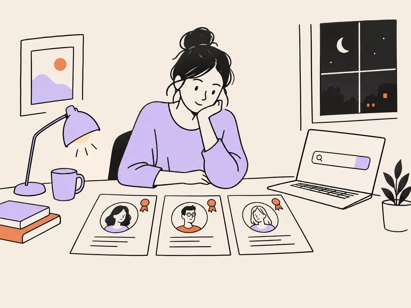 A buyer at a desk at night comparing three similar coach profiles