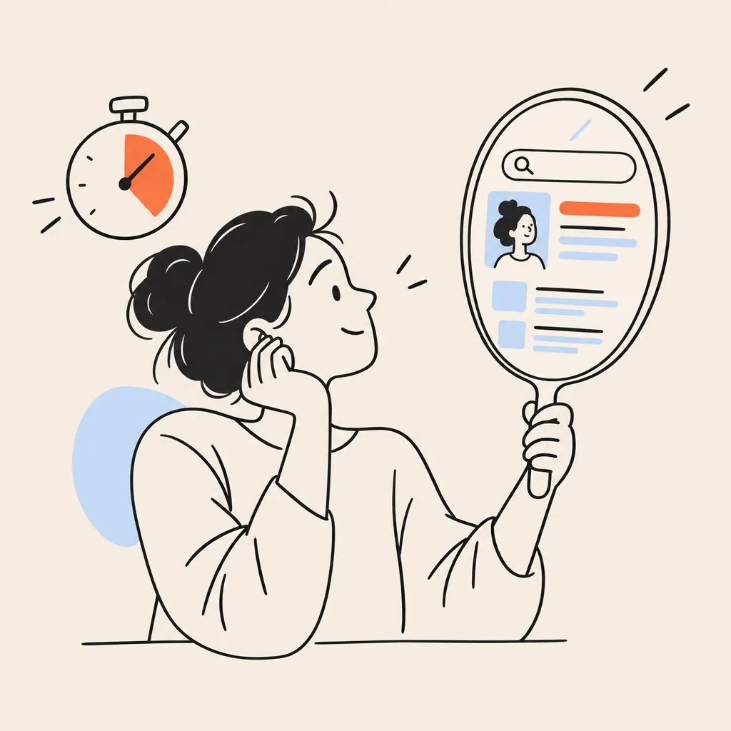 A person holding up a hand mirror that reflects a tidy search result with a profile card, a stopwatch beside them